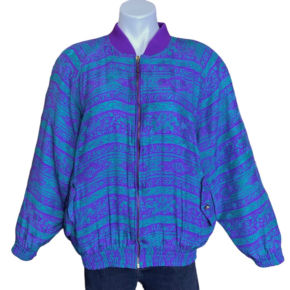 JANEVE Vintage Silk Bomber Jacket Funky Print Zip Up Green Purple Size Medium